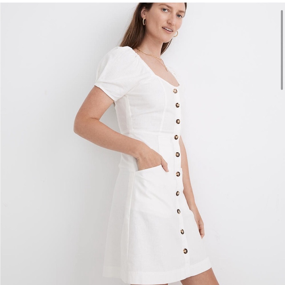 NWT Madewell Dress Linen Cotton Puff Sleeve Mini Button Down Dress White Size 00